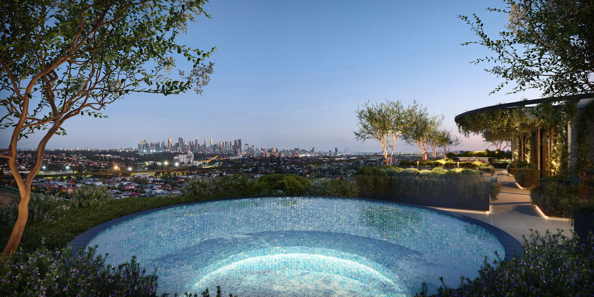 Pool terrace with an outlook to the track, artist impression