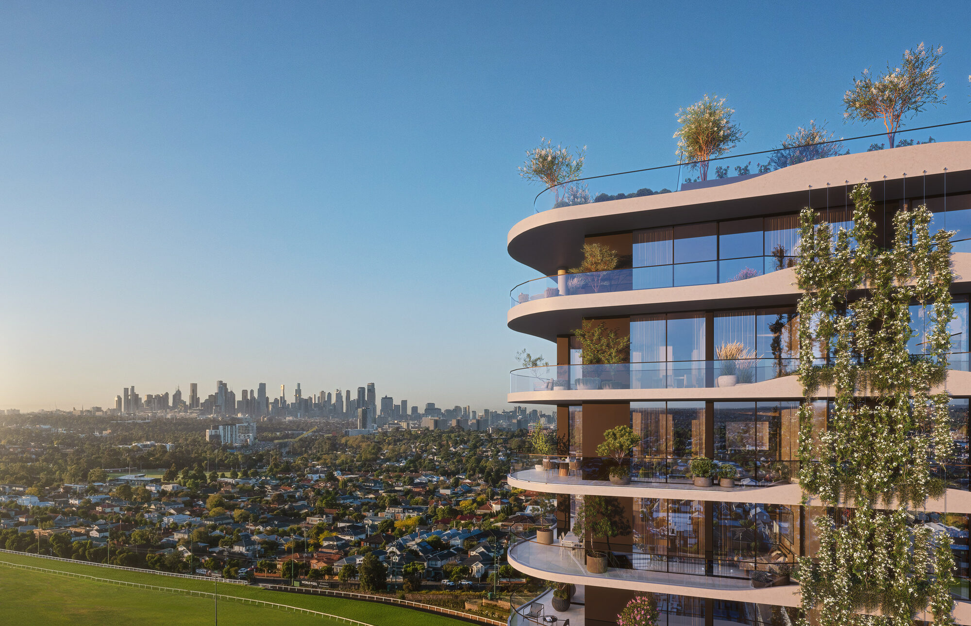 Track facing residence at The Eveline with an uninterrupted outlook across the Moonee Valley racecourse to the Melbourne city skyline, artist impression